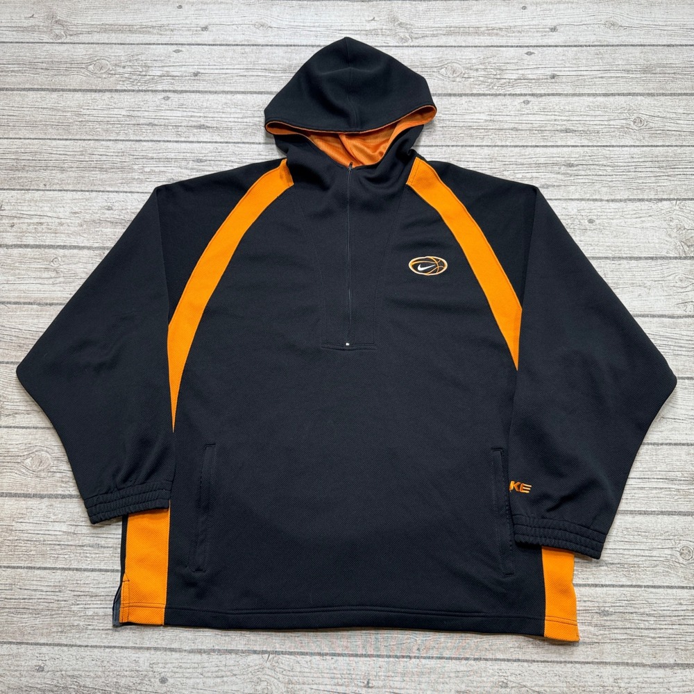 Y2K Nike Hoodie Men's M Black Orange Quarter Zip Mesh Lined Athletic Pullover